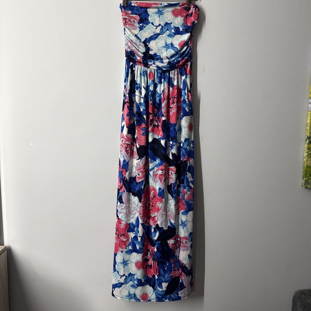 Hot Pink Blue Strapless Summer Dress Cottagecore Country Club Small With Pockets